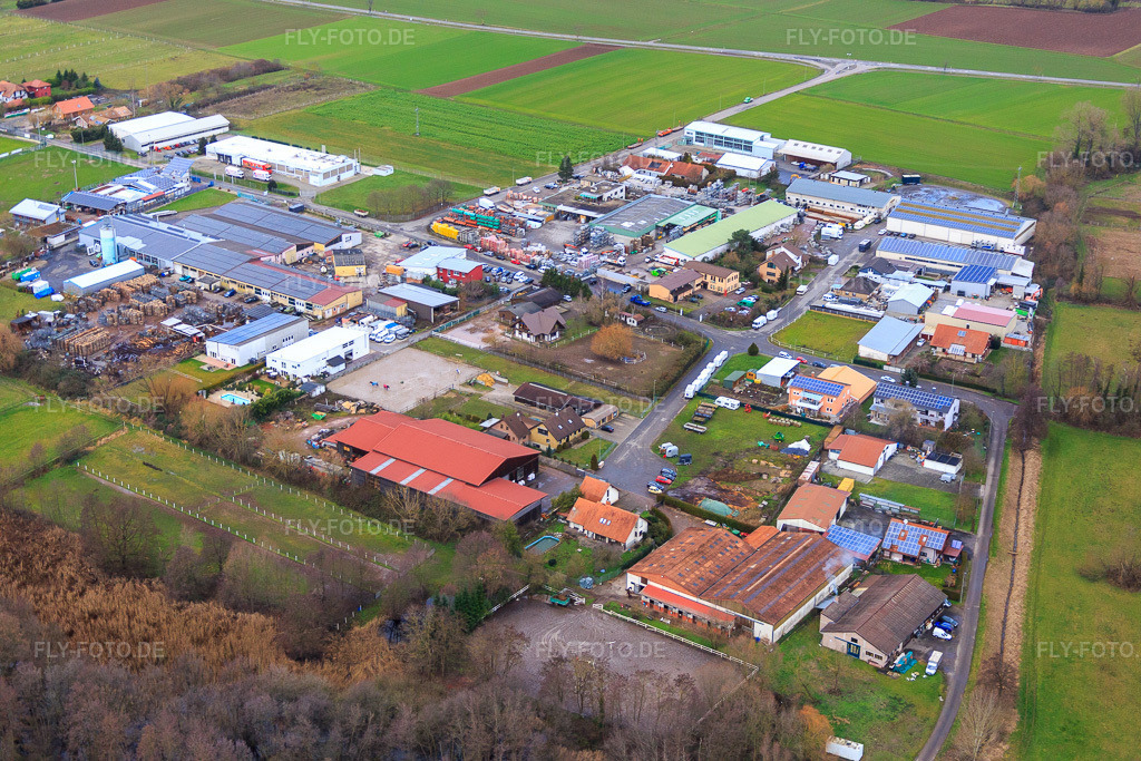 Luftbild: Industriegebiet Industriestraße mit Kurt Weis Fensterbau GmbH, Reitstall Petra Egalite und Conrad Lackierfachbetrieb in Billigheim-Ingenheim im Bundesland Rheinland-Pfalz in Deutschland.Foto: IMG_085677.jpg vom 08.01.2016 durch Werner Riehm/FLY-FOTO.deWWW.WEIS-FENSTERBAU.DEReitstall EgalitéHandwerksunternehmen für Malerarbeiten und Trockenbau