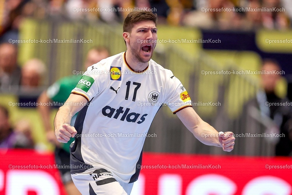 EHF15012602036 | 15.01.2026, Handball, Men's EHF EURO 2026, Deutschland - Östereich, Jyske Bank Boxen in Herning, Dänemark, Preliminary Round:  Lukas Zerbe (Germany #17) jubelnd