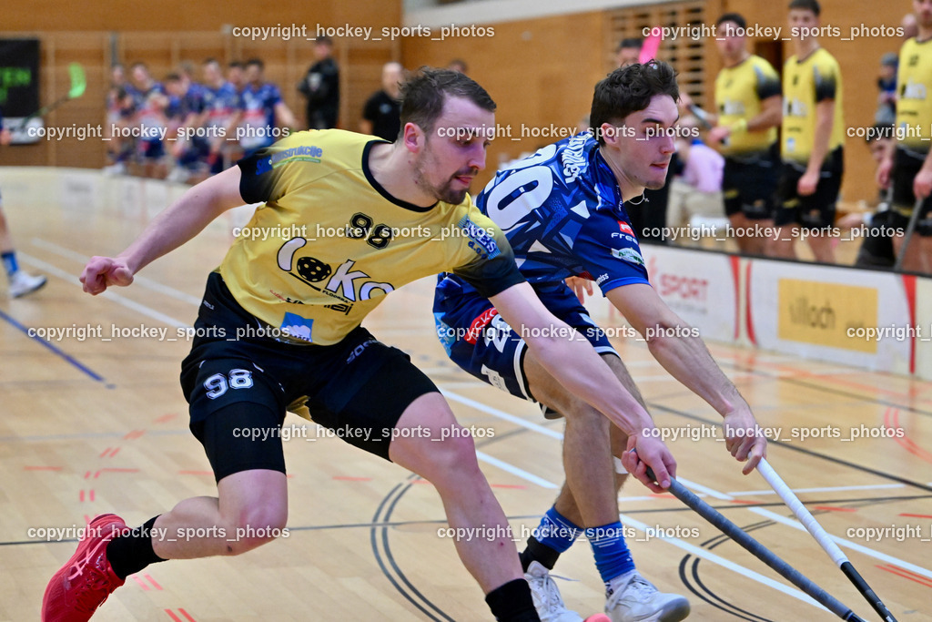 VSV Unihockey  vs. FBK Loka  | #98 Gašper Triler FBK Loka, #20 David Gredler VSV Unihockey, VSV Unihockey  vs. FBK Loka , VSV Unihockey  vs. FBK Loka  am 25.01.2026 in Villach (Ballspielhalle St. Martin), Austria, (Photo by Bernd Stefan)