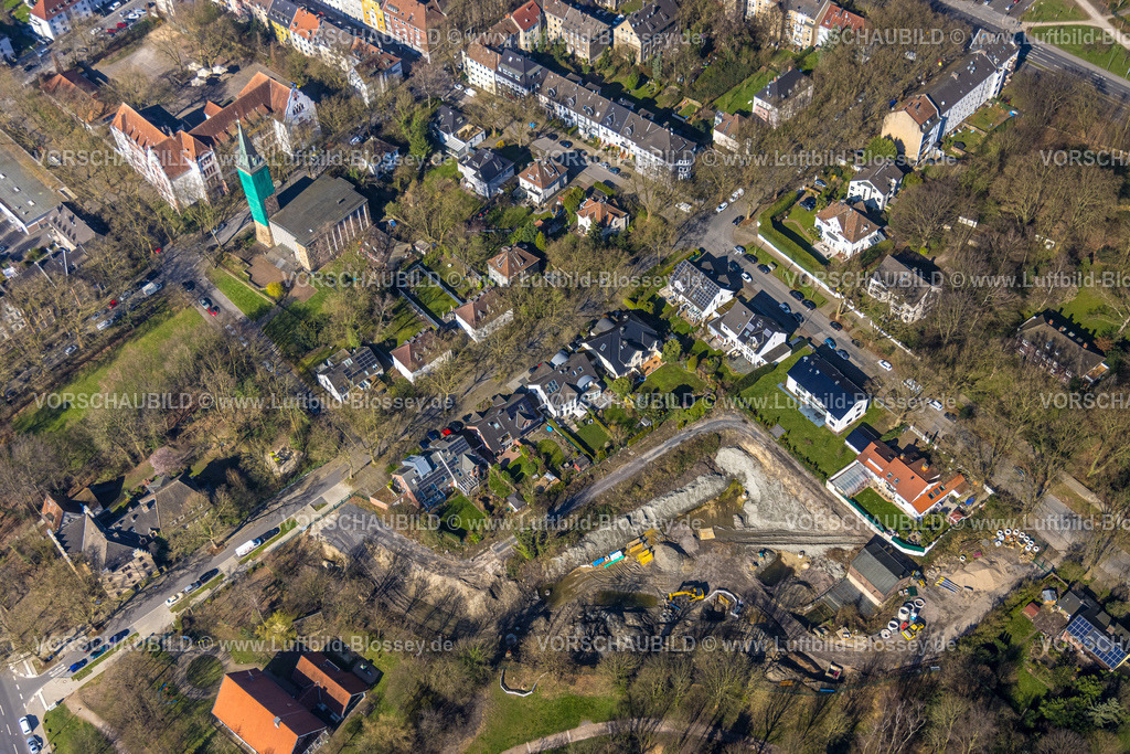 Gelsenkirchen240300879 | Luftbild, Baustelle am Sellmannsbach, Wohngebiet und evang. Pauluskirche, Bulmke-Hüllen, Gelsenkirchen, Ruhrgebiet, Nordrhein-Westfalen, Deutschland