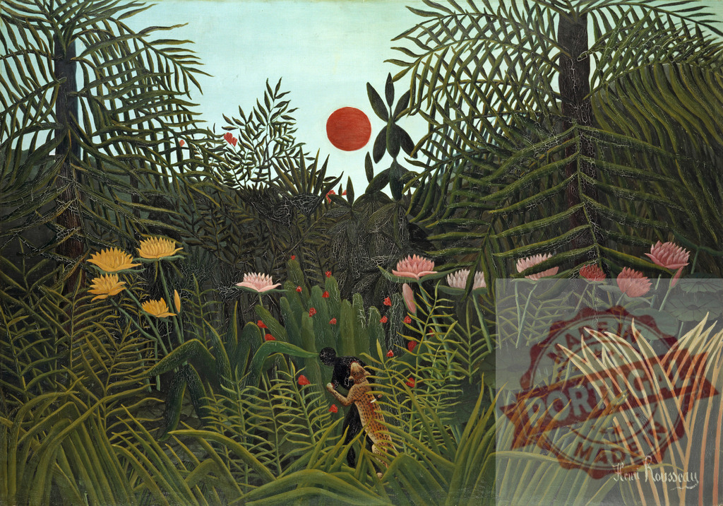 Henri Rousseau jungle painting featuring attacking jaguars. Henri Rousseau | Two jaguars fighting in a lush tropical jungle under a red sun, an oil painting by Henri Rousseau - Realisiert mit Pictrs.com