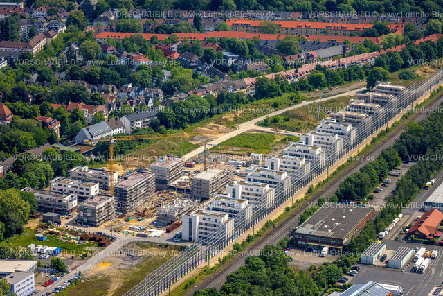 Dortmund240507132 | Luftbild, Baustelle Kronprinzenviertel für Neubau von Wohnungen, Hertha-Hoffmann-Straße, Am Wasserturm Südbahnhof, hinten Reihenhaus Mietshäuser Wohnsiedlung  mit roten Dächern Düsseldorfer Straße und Im Grubenfeld, Ruhrallee, Dortmund, Ruhrgebiet, Nordrhein-Westfalen, Deutschland
