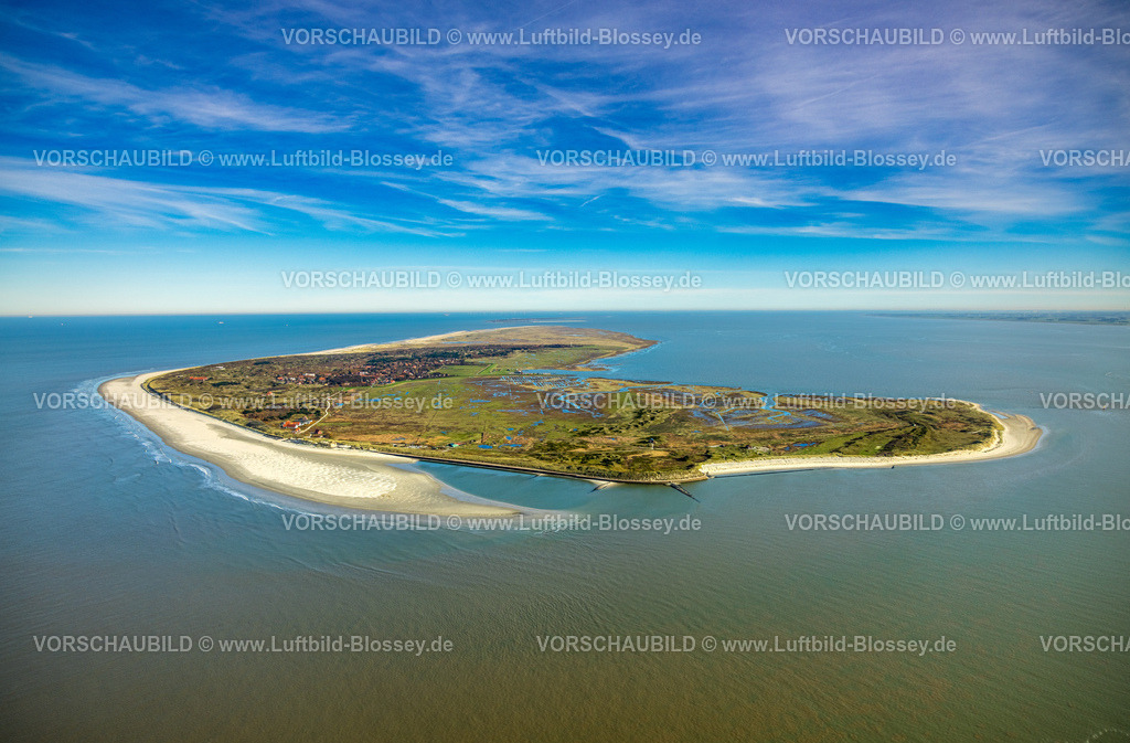 Wittmund251105698Spiekeroog | Luftbild, Gesamtansicht Ostfriesische Insel Spiekeroog, Westergroen Gebiet und Hafen mit Fähranleger, Fernsicht und blauer Himmel mit Horizont, Spiekeroog, Norddeutschland, Ostfriesland, Niedersachsen, Deutschland