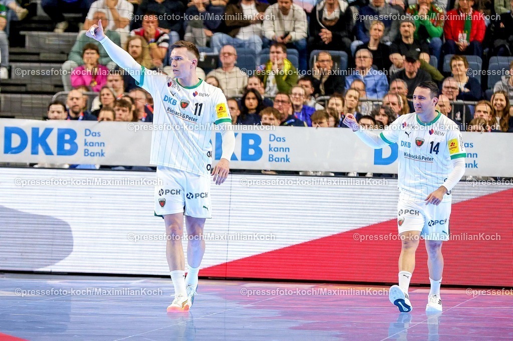 xSSCx19042602024 | 19.04.2026, xsscx, Handball, DHB-Pokal Lidl Final4, Finale, Füchse Berlin - Bergischer HC, Saison 2025 / 2026 Herren, Lanxess Arena, Köln: Lasse Andersson (Füchse Berlin #11) und Aitor Arino (Füchse Berlin #14) fewiern einen Treffer Photo: xSandraxScherningxPressefotoKochx