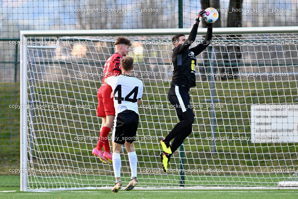 SV Spittal 1921 vs. ATUS Ferlach 24.3.2024 | #44 Miha Kostanjsek SV Spittal, #77 Stefan Ehner ATUS Ferlach, #1 Bernhard Markun ATUS Ferlach, SV Spittal 1921 vs. ATUS Ferlach 24.3.2024, SV Spittal 1921 vs. ATUS Ferlach am 24.03.2024 in Spittal an der Drau (Goldeck Stadion), Austria, (Photo by Bernd Stefan)