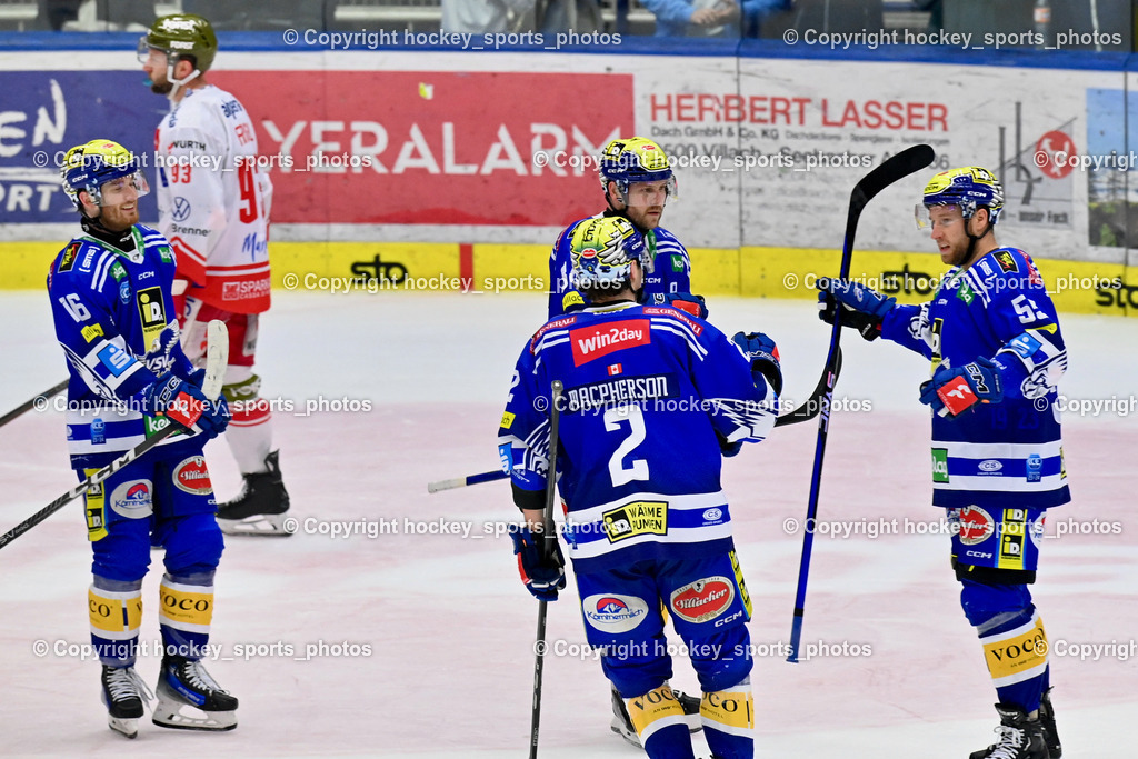 EC VSV vs. HC Bozen 16.2.2024 | Jubel EC VSV, #16 Kevin Hancock,  #2 MACPHERSON Dylan, #84 Andrew Desjardins, #55 SABOLIC Robert,  EC VSV vs. HC Bozen 16.2.2024, EC VSV vs. HC Bozen 16.2.2024 am 16.02.2024 in Villach (Stadthalle Villach), Austria, (Photo by Bernd Stefan)