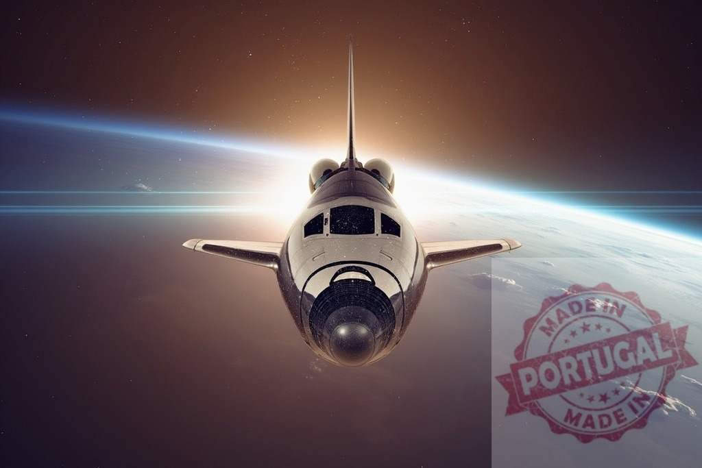Space shuttle orbiting Earth during sunrise exploration | Space shuttle flying above Earth, bathed in the glow of a rising sun - Realisiert mit Pictrs.com