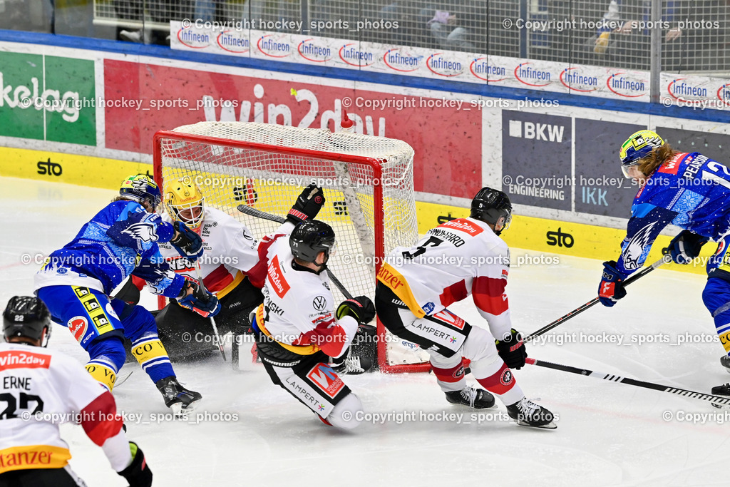 EC IDM Wärmepumpen VSV vs. Pioneers Vorarlberg | #81 RICHTER Marco EC VSV, #30 Caffi Alex PIONEERS VORARLBERG, #71 Macierzynski Kevin PIONEERS VORARLBERG, #5 Lundegard Jakob PIONEERS VORARLBERG, #12 Pearson Chase EC VSV, 100 Treffer win2day icehockey league 2024/25, EC IDM Wärmepumpen VSV vs. Pioneers Vorarlberg, EC IDM Wärmepumpen VSV vs. Pioneers Vorarlberg am 14.12.2024 in Villach (Stadthalle Villach), Austria, (Photo by Bernd Stefan)