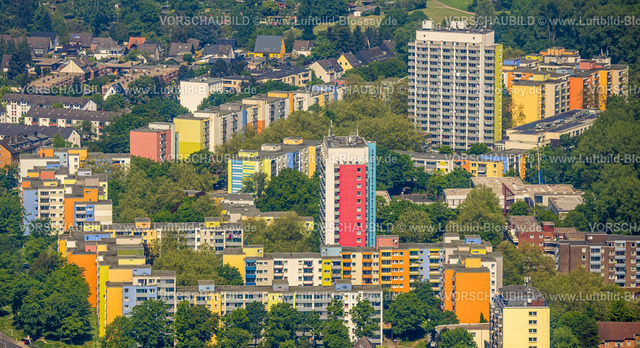 Duesseldorf240501459 | Luftbild, Hochhäuser Fürstenberg Wohnsiedlung mit bunter Fassade, Fürstenberger Straße und Potsdamer Straße, Hassels, Düsseldorf, Rheinland, Nordrhein-Westfalen, Deutschland
