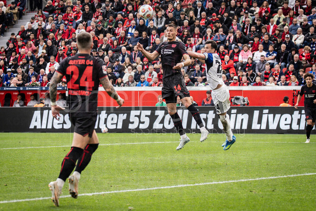 German Bundesliga, Bayer 04 Leverkusen vs. Hamburger SV, 16.05.2026 | LEVERKUSEN, GERMANY - MAY 16, 2026 :  Patrik Schick (Bayer 04 Leverkusen, 14) with a header during the German Bundesliga match on gameday 34 between Bayer 04 Leverkusen vs. Hamburger SV at BayArena on May 16, 2026 in Leverkusen, Germany. DFL REGULATIONS PROHIBIT ANY USE OF PHOTOGRAPHS AS IMAGE SEQUENCES AND/OR QUASI-VIDEO.
