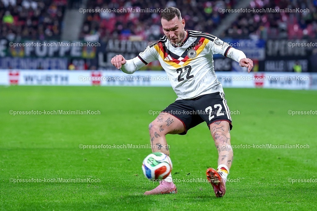 DFB17112503020 | 17.11.2025, Fußball, Länderspiel, WM-Qualifikation Europa, Deutschland - Slowakei, Red Bull Arena (Leipzig), 10. Spieltag, Saison 2025 2026: David Raum (GER #22)  Regulations prohibit any use of photographs as image sequences and or quasi-video.