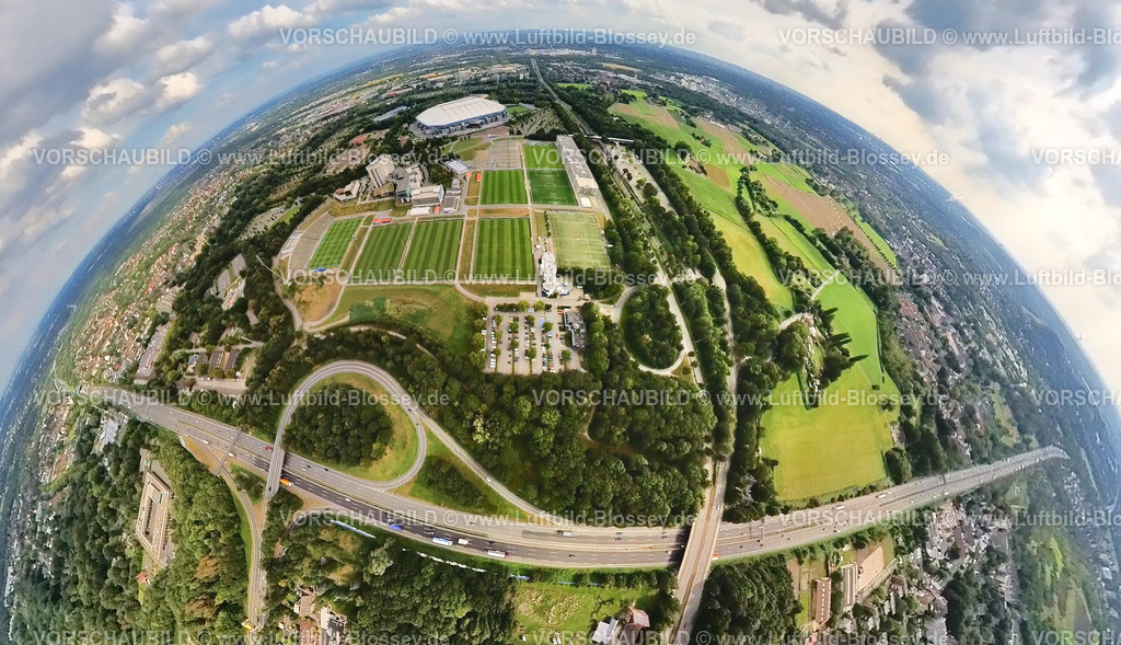 Gelsenkirchen240890002Schalke | Luftbild, Berger Feld mit der Veltins-Arena, Bundesligastadion des FC Schalke 04 mit geschlossenem Dach, Trainingsplätze und Hotelanlage stays by friends, Autobahn A2 mit Anschlussstelle Gelsenkirchen-Buer und Kurt-Schumacher-Straße, Erdkugel, Fisheye Aufnahme, Fischaugen Aufnahme, 360 Grad Aufnahme, tiny world, little planet, fisheye Bild, Erle, Gelsenkirchen, Ruhrgebiet, Nordrhein-Westfalen, Deutschland