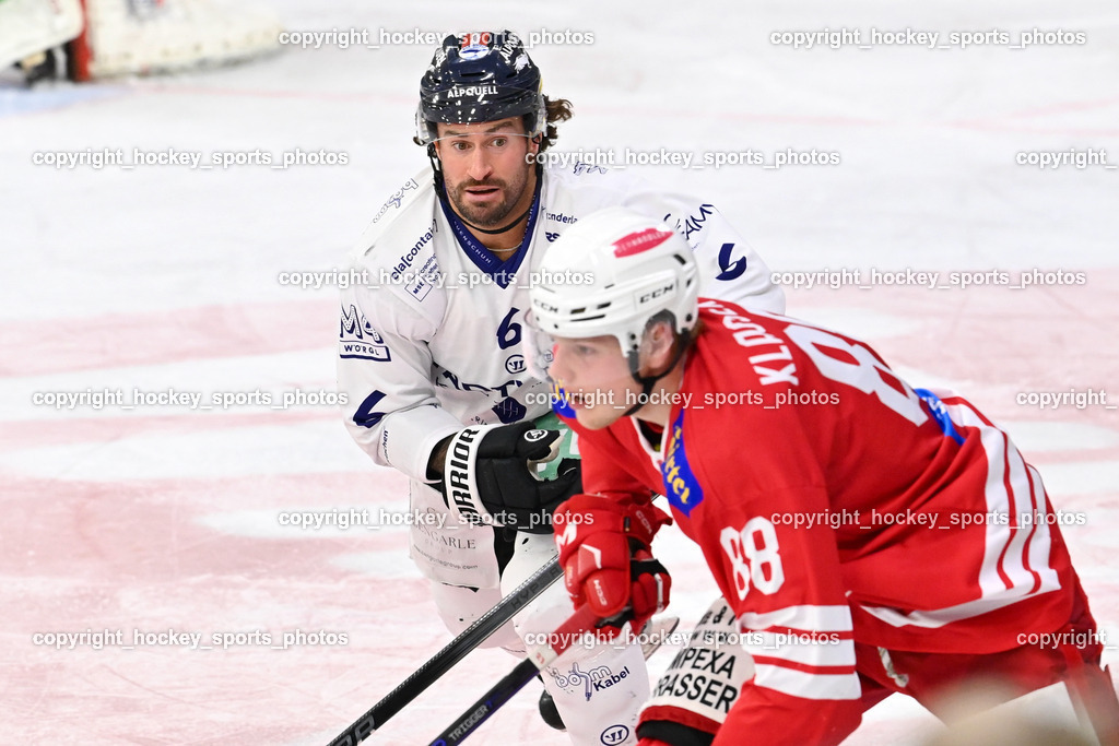 EC KAC Future Team vs. Die Adler Kitzbühl 7.10.2023 | #6 Rotter Rafael EC Kitzbühel, #88 Klassek Thomas EC KAC FUTURE TEAM, EC KAC Future Team vs. Die Adler Kitzbühl 7.10.2023, EC KAC Future Team vs. Die Adler Kitzbühl am 07.10.2023 in Klagenfurt (Messehalle Klagenfurt), Austria, (Photo by Bernd Stefan)