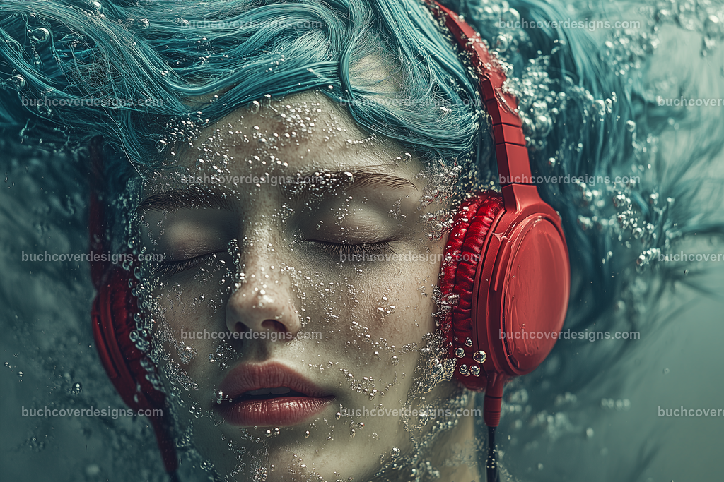 Gesicht einer Frau mit Kopfhörer (180) | woman face underwater with many air bubbles, with blue hair spread over the surface of the image, with a red headphone - close up - studio light - vivid colors - high detail - realistic - photo --chaos 5 --ar 3:2 --stylize 50 --weird 200 --v 6.1 Job ID: e4a55854-843d-4b4d-a5bf-bd338188ef6f