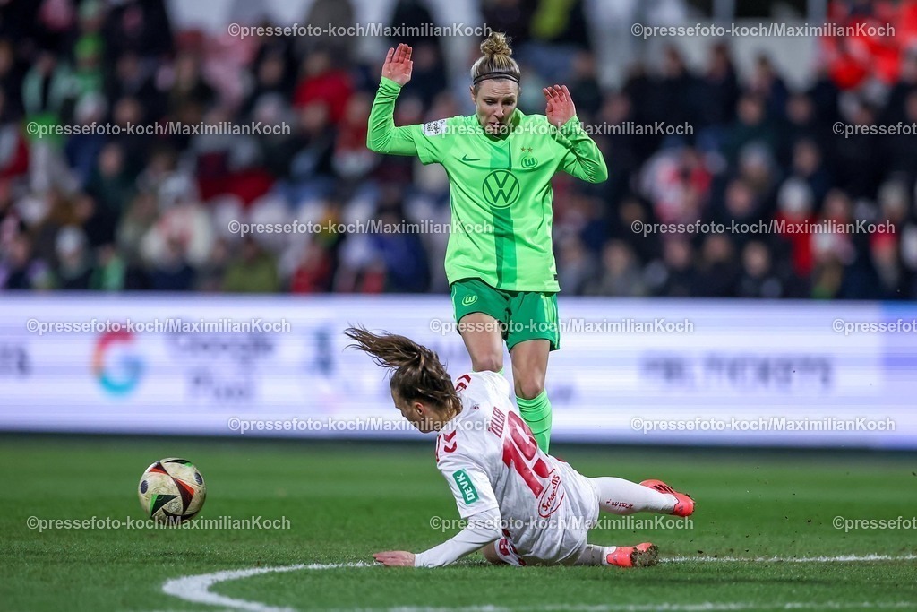 Koe07022501053 | 07.02.2025, Frauen Fußball, 1. FC Köln - VfL Wolfsburg, 1. Fußball Bundesliga, Franz-Kremer-Stadion, Saison 2024 2025: Svenja Huth (VfL Wolfsburg #10) im Zweikampf gegen Dora Zeller (1. FC Köln #19)DFB regulations prohibit any use of photographs as image sequences and or quasi-video.