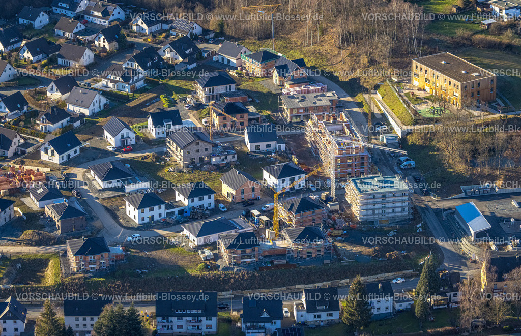 Meschede230206014 | Luftbild, Baustelle und Neubaugebiet Ziegelei II mit AWO KIndergarten in Holzbauweise, Meschede-Stadt, Meschede, Sauerland, Nordrhein-Westfalen, Deutschland