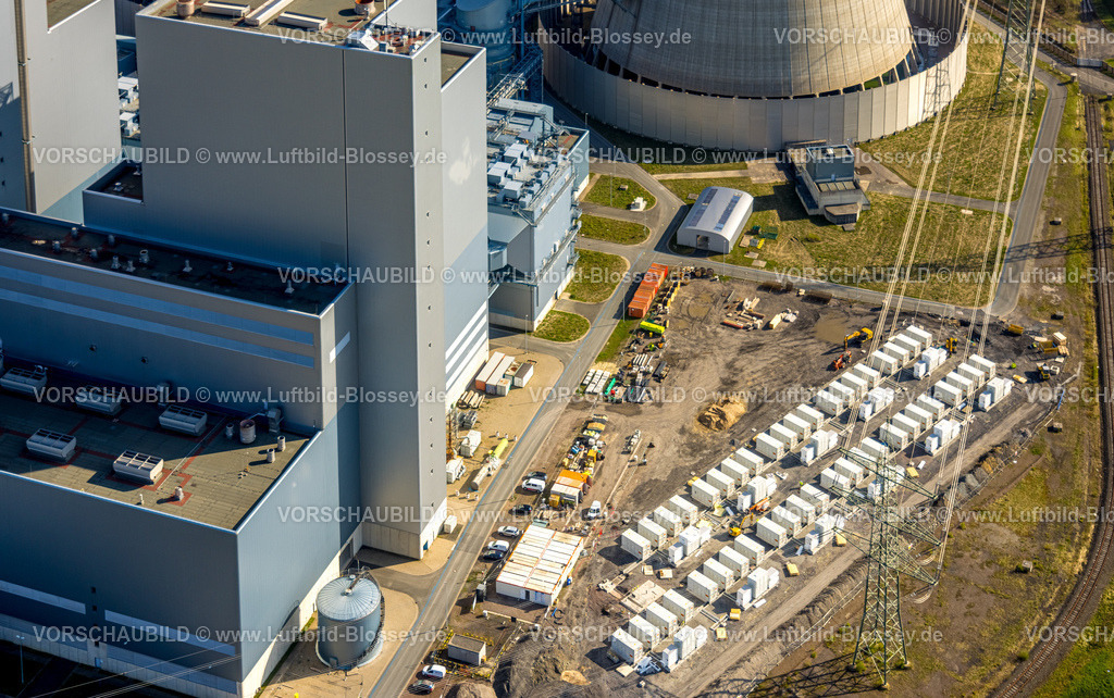Hamm260400040Uentrop | Luftbild, RWE Kraftwerk Westfalen, Batteriespeicher und Stellplatz, Kernkraftwerk THTR-300 (Thorium-Hoch-Temperatur-Reaktor), Hochtemperaturreaktor heliumgekühlt, Kugelhaufenreaktor, Kernkraftwerk und Atomkraftwerk, Uentrop, Hamm, Ruhrgebiet, Nordrhein-Westfalen, Deutschland