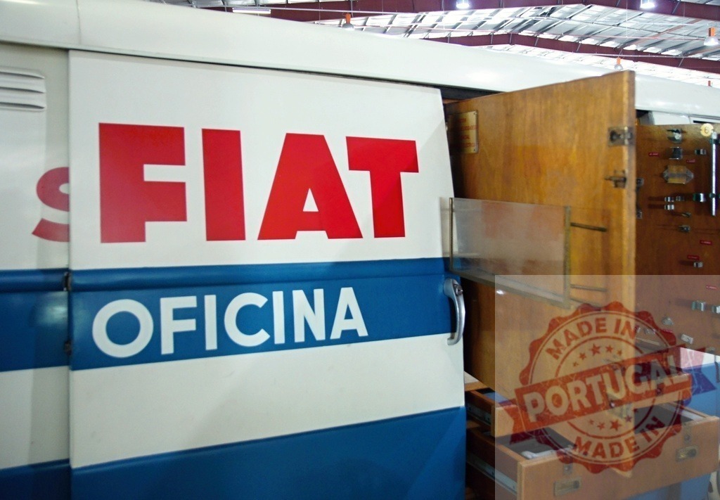 FIAT officina vintage van showing opened wooden tool cabinet | Vintage FIAT officina van with opened tool cabinet, showing its drawers and equipment - Realized with Pictrs.com