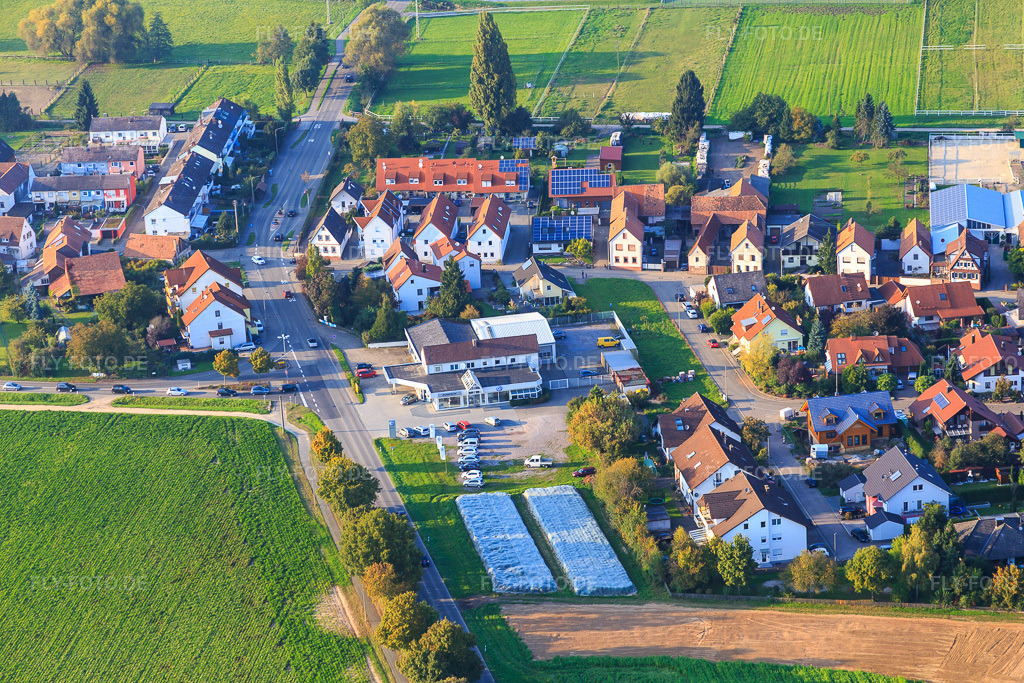 Luftbild: Steinweilerer Straße im Ortsteil Minderslachen in Kandel im Bundesland Rheinland-Pfalz in Deutschland. Foto: IMG_073887.jpg vom 03.10.2014 durch Werner Riehm/FLY-FOTO.de
