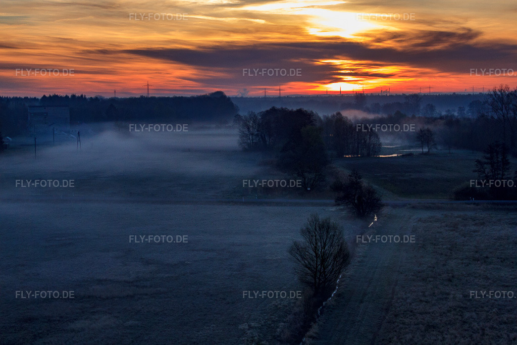 Luftbild: Otterbachniederung im Morgendunst bei Sonnenaufgang in Minfeld im Bundesland Rheinland-Pfalz in Deutschland. Foto: IMG_63011.jpg vom 20.03.2014 durch Werner Riehm/FLY-FOTO.de