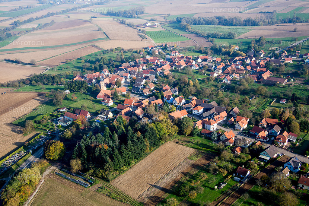 Vue aérienne: Champs agricoles et terres arables à Soultz-sous-Forêts dans le département Bas Rhin, France. Photo: IMG_075600.jpg prise le 01/11/2014 par Werner Riehm/FLY-FOTO.eu – Résolution de l'original: 5472 x 3648 px