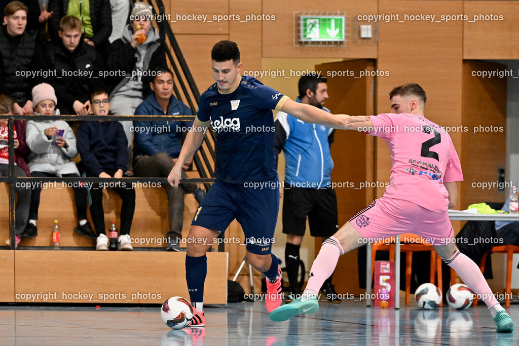 Carinthia Flamengo Futsal Club vs. Futsal Klagenfurt | #11 Saso Kovacevic Futsal Klagenfurt, #2 Faris Buljubasic Carinthia Flamengo, Carinthia Flamengo Futsal Club vs. Futsal Klagenfurt, Carinthia Flamengo Futsal Club vs. Futsal Klagenfurt am 01.12.2024 in Klagenfurt (Ballspielhalle Viktring), Austria, (Photo by Bernd Stefan)