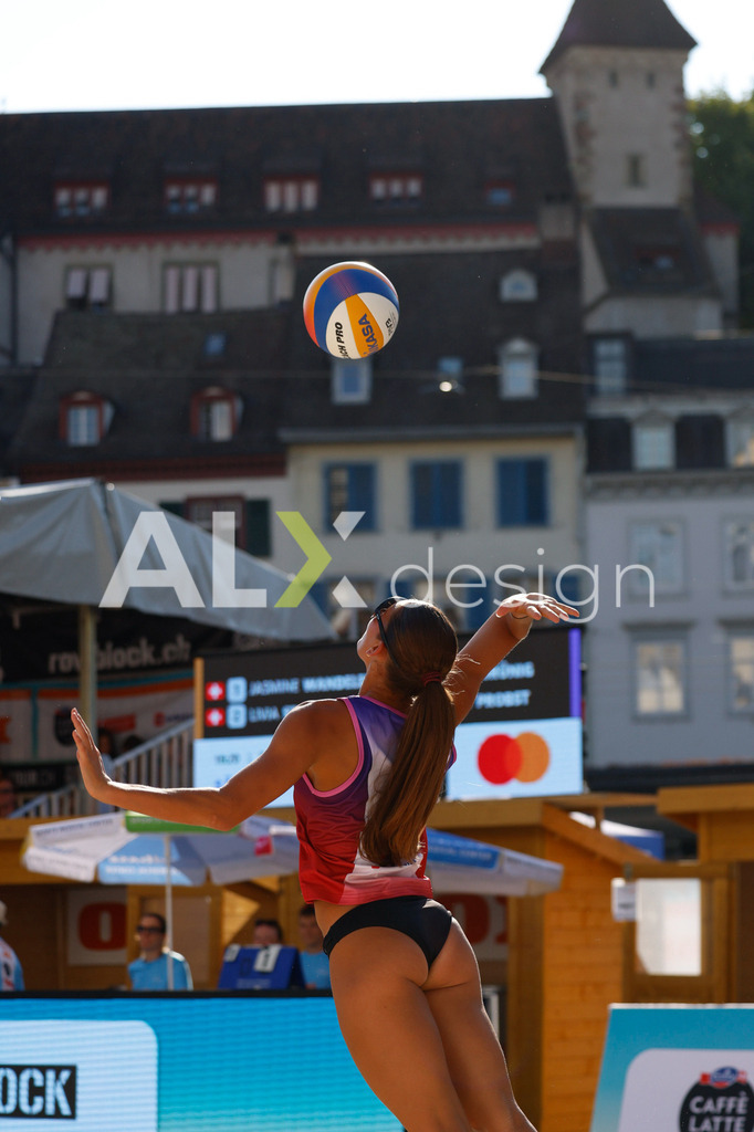 Obi BeachTour 2026 - Basel | BASEL, SWITZERLAND - JULY 17: FIONA PROBST (SUI) serve during the Obi BeachTour 2026 match between WANDELER / STOLZ (SUI) and GRÜNIG / PROBST (SUI) at Barfüsserplatz on July 17, 2026 in Basel, Switzerland. - Realisiert mit Pictrs.com