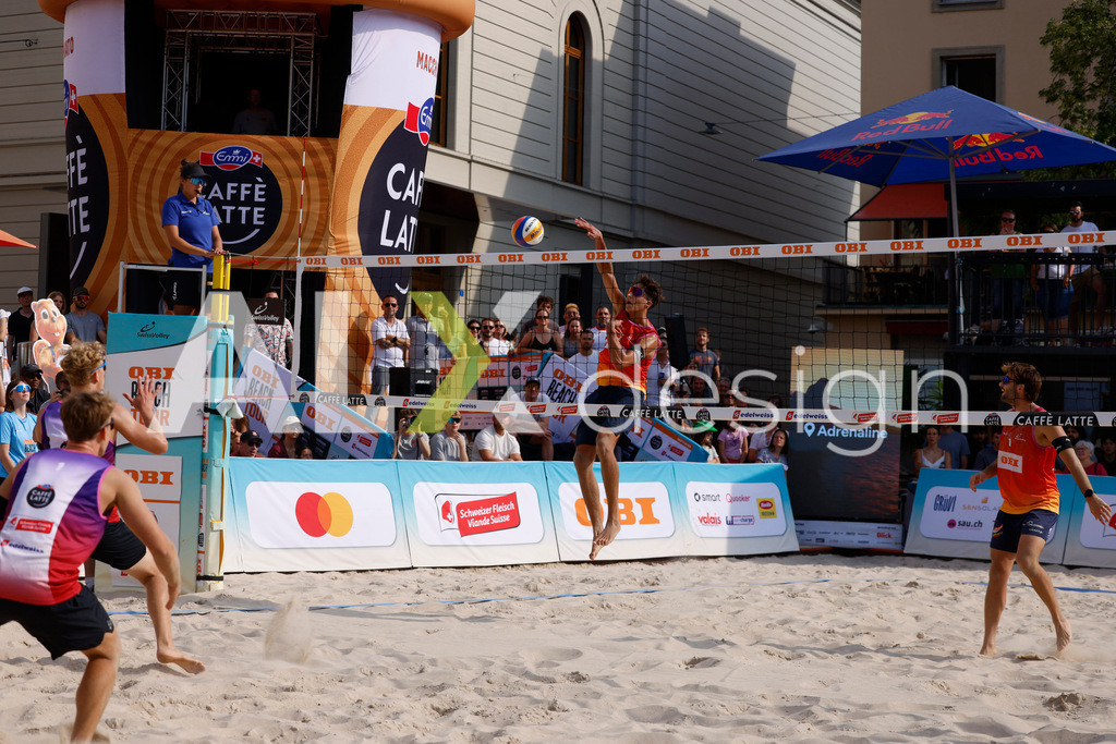 Obi BeachTour 2026 - Basel | BASEL, SWITZERLAND - JULY 19: LUC EMANUEL FLÜCKIGER (SUI) attack / spike during the Obi BeachTour 2026 match between DILLIER / FLÜCKIGER (SUI) and BREER / KÄLIN (SUI) at Barfüsserplatz on July 19, 2026 in Basel, Switzerland. - Realisiert mit Pictrs.com