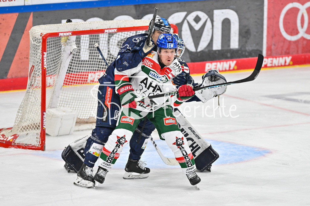 ERC Ingolstadt - Augsburger Panther | Fabio WAGNER (ERC Ingolstadt #5) und T. J. TREVELYAN (Augsburger Panther #24) kaempfen vor dem Tor von Michael GARTEIG (ERC Ingolstadt #34) um gute Sicht / DEL: ERC Ingolstadt - Augsburger Panther, Saturn Arena am 03.11.2024