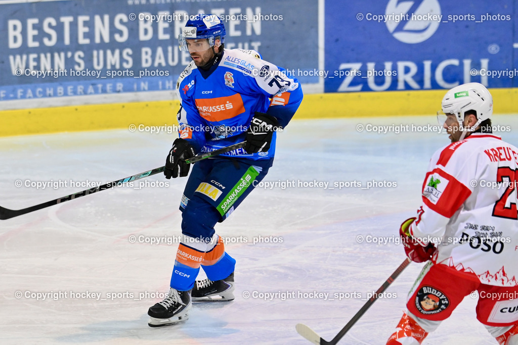 ESC Sparkasse Steindorf vs. ESV Ferlach | #79 Petrik Benjamin ESC Steindorf, #21 Kreuter David ESV Ferlach, ESC Sparkasse Steindorf vs. ESV Ferlach, ESC Sparkasse Steindorf vs. ESV Ferlach am 22.02.2026 in Steindorf  (Ossiachersee Halle ), Austria, (Photo by Bernd Stefan)