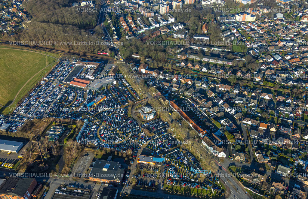 Hamm240100002 | Luftbild, Autohaus Potthoff Autohändler, kreisrunder Parkplatz für PKW An den Fördertürmen, Wohngebiet Hammer Straße, Bockum-Hövel, Hamm, Ruhrgebiet, Nordrhein-Westfalen, Deutschland