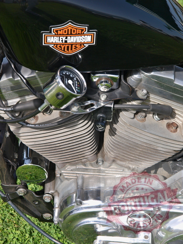 Harley-Davidson V-twin engine with chrome details | Harley-Davidson motorcycle engine showing chrome details, fuel tank emblem, and gauge - Realized with Pictrs.com
