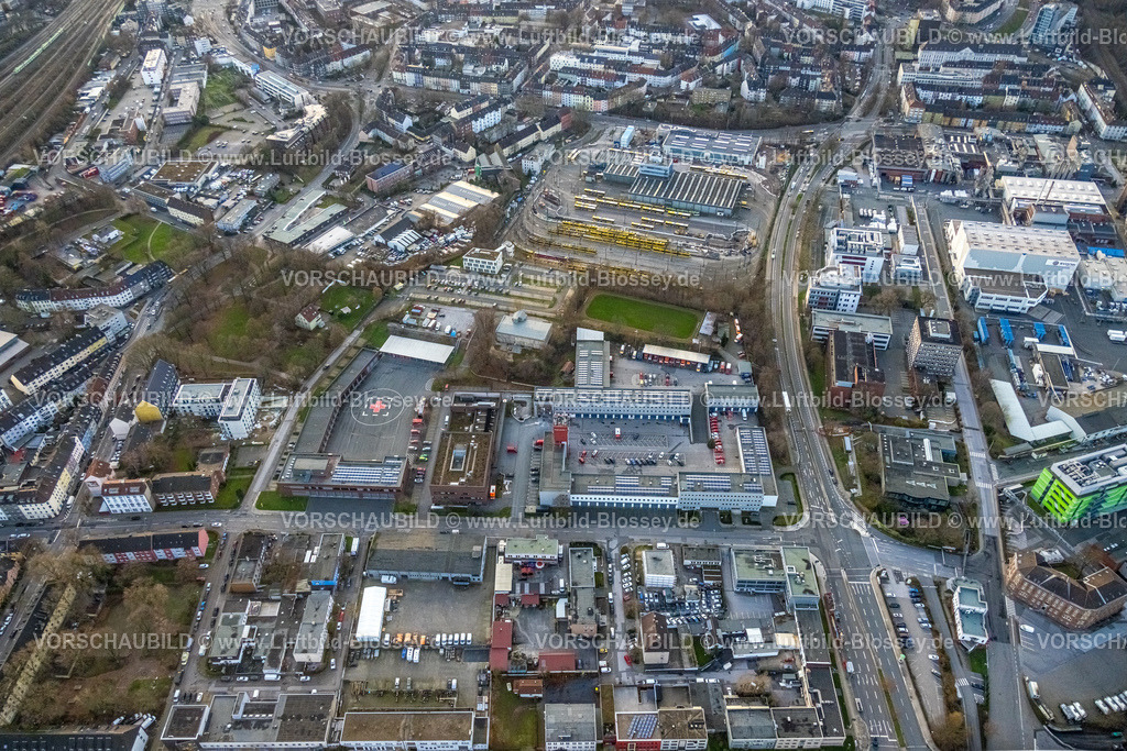 Essen230101854 | Luftbild, Feuerwache Essen-Mitte, Ruhrbahn Betriebshof Baustelle Hallenneubau, Ostviertel, Essen, Ruhrgebiet, Nordrhein-Westfalen, Deutschland