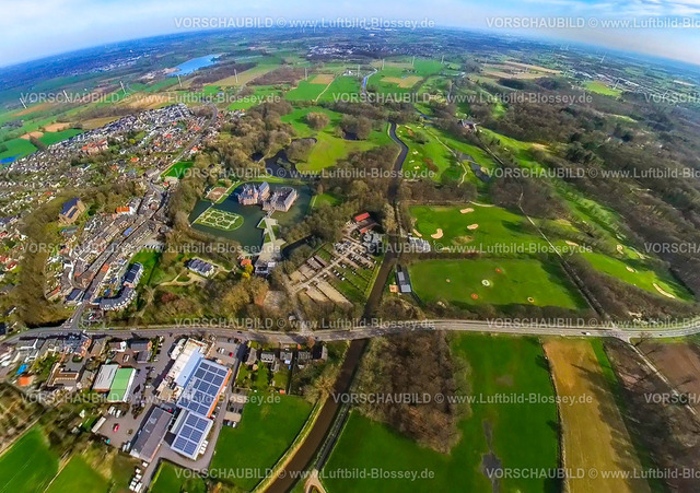 Isselburg240390166BurgAnholt_Golfplatz | Luftbild, Wasserburg Anholt und Schlosspark, Golfplatz Golfclub Wasserburg Anholt e.V. Gut Schlüsen Vehlingen, umgeben von Wiesen und Feldern, Erdkugel, Fisheye Aufnahme, Fischaugen Aufnahme, 360 Grad Aufnahme, tiny world, little planet, fisheye Bild, Anholt, Isselburg, Nordrhein-Westfalen, Deutschland