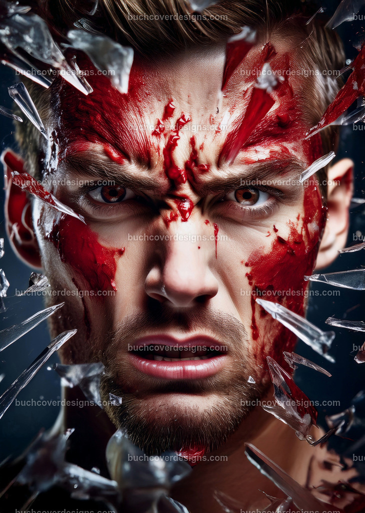 Männergesicht mit Blut und Glassscherben (2) | Entdecken Sie kreative Buch Cover Designs für Self-Publishing-Autoren und Verlage! Unsere maßgeschneiderten Designs ziehen Leser an und bringen Ihre Geschichten visuell zum Leben. Lassen Sie uns Ihr perfektes Cover gestalten!