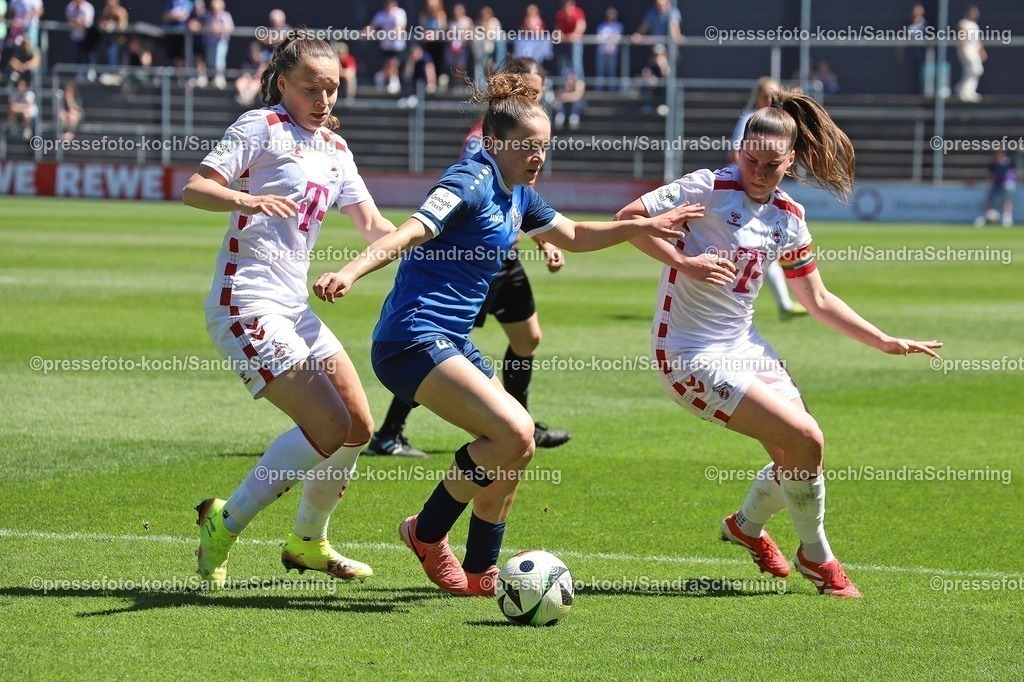 xSSC11052502040 | 11.05.2025, xsscx, Frauen Fußball, 1. FC Köln - Turbine Potsdam, 1. Fußball Bundesliga, 22. Spieltag, Franz-Kremer-Stadion, Saison 2024 2025: Lotta Cordes (1. FC Köln 6) im Zweikampf mit Alina Gnädig (Turbine Potsdam 21) und Adriana Achcinska (1. FC Köln 9) xx DFB regulations prohibit any use of photographs as image sequences and or quasi-video.