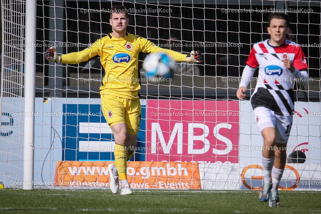 Koe3Liga09032401009 | 09.03.2024, Köln, Fußball, bwin 3. Liga Herren, Sportpark Höhenberg, 29. Spieltag, Saison 2023 2024, FC Viktoria Köln – SV Waldhof Mannheim: Torhüter Ben Voll (Viktoria Köln) jubelnd. 
DFB regulations prohibit any use of photographs as image sequences and or quasi-video.