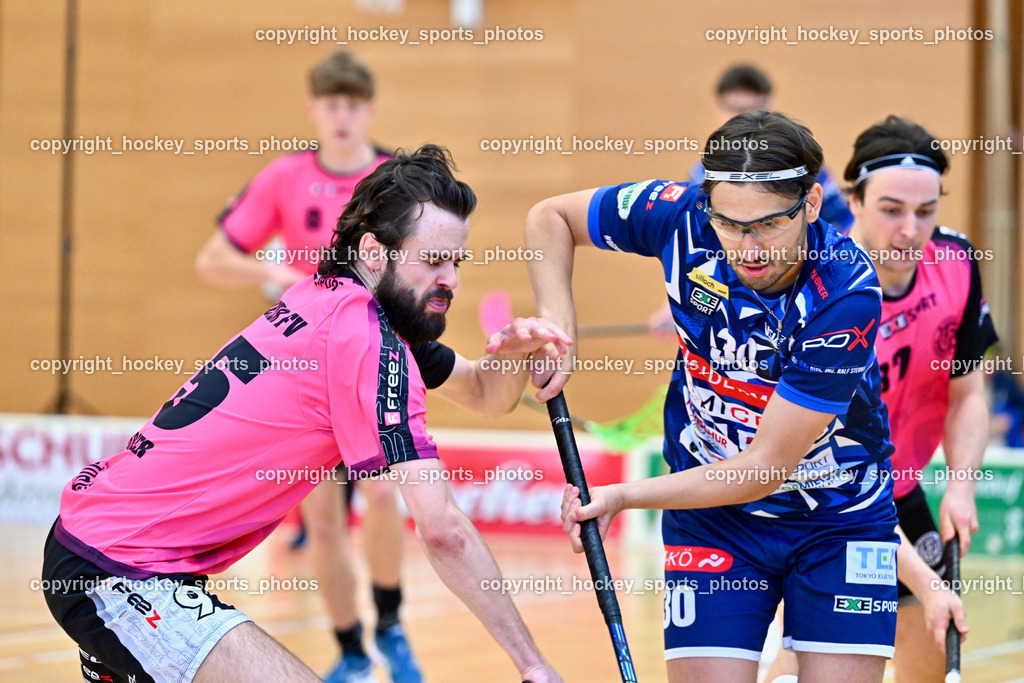 VSV Unihockey vs. Wiener Floorball Verein | #95 FELSBERGER Niklas Wiener Floorballverein, #30 Christoph Steiner VSV Unihockey, VSV Unihockey vs. Wiener Floorball Verein, VSV Unihockey vs. Wiener Floorball Verein am 18.05.2025 in Villach (Ballspielhalle St. Martin), Austria, (Photo by Bernd Stefan)
