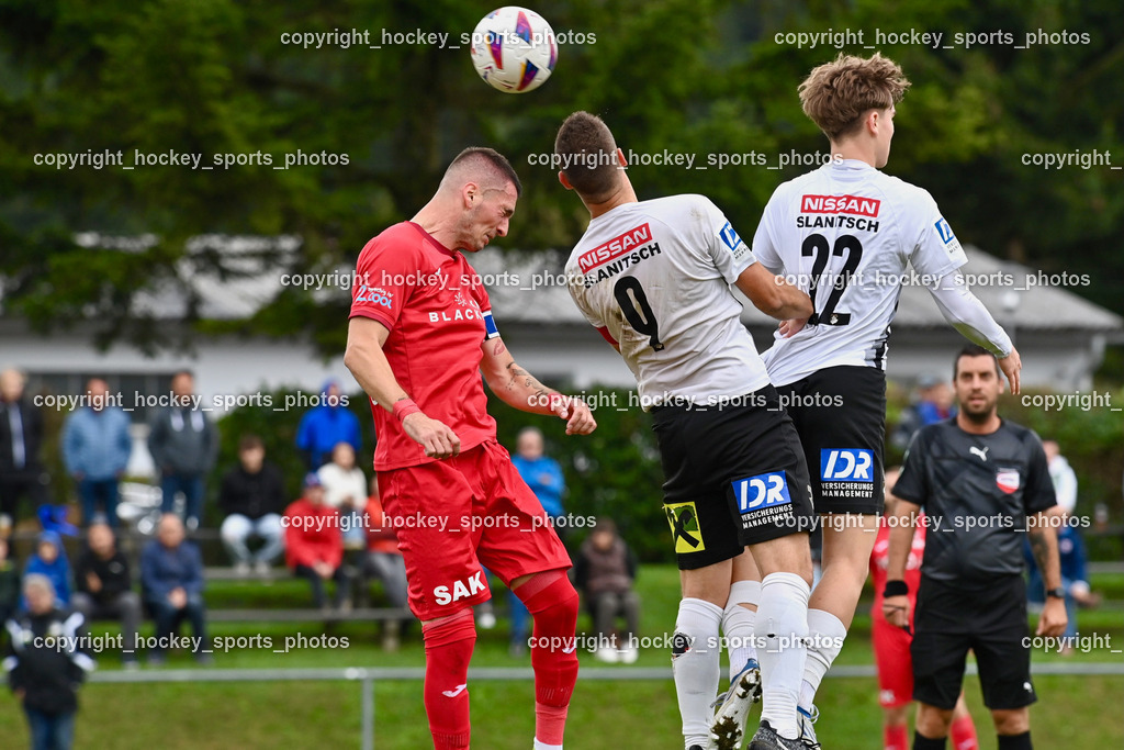 SVG Bleiburg vs. SAK 23.9.2023 | #24 Zoran Vukovic (K) SAK, #9 Adnan Besic (K) SVG Bleiburg, #22 Marvin Maier SVG Bleiburg, SVG Bleiburg vs. SAK 23.9.2023, SVG Bleiburg vs. SAK am 23.09.2023 in Bleiburg (Karl Kornberger Stadion), Austria, (Photo by Bernd Stefan)