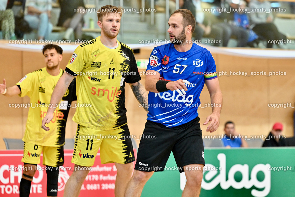 SC Ferlach vs. Bregenz Handball | #57 LEBAN Patrik SC Ferlach, #11 Brombeis Matthias Bregenz Handball, SC Ferlach vs. Bregenz Handball, SC Ferlach vs. Bregenz Handball am 28.09.2024 in Ferlach (Ballspielhalle Ferlach), Austria, (Photo by Bernd Stefan)