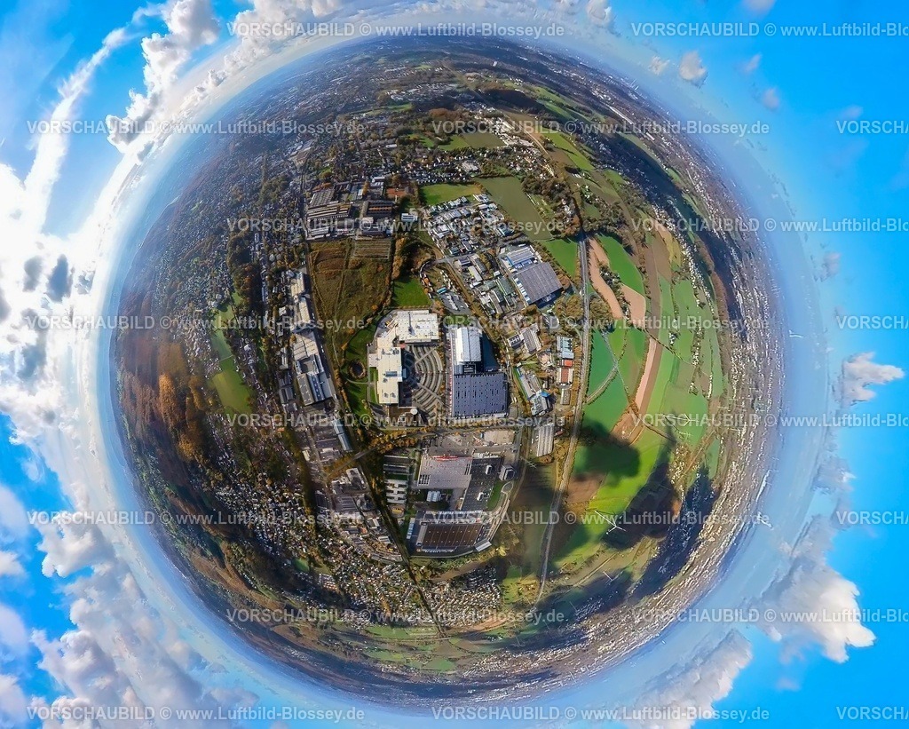 Witten231190042Annen-Ostermann-topaz | Luftbild, Gewerbegebiet Brauckstraße und Salinger Feld mit Möbelhaus Einrichtungshaus Ostermann, Amazon Logistik und Bauhaus Baumarkt, Ortsteil Wohngebiet Annen mit Gewerbegebiet Ardey Chemie Werksgelände und Wittener Industrie und Technologie Park an der Stockumer Straße, Wiesen und Felder am Vöckenberg mit möglichem neuen Gewerbegebiet, Erdkugel, Fisheye Aufnahme, Fischaugen Aufnahme, 360 Grad Aufnahme, tiny world, little planet, fisheye Bild, Rüdinghausen, Witten, Ruhrgebiet, Nordrhein-Westfalen, Deutschland