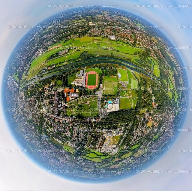 Hamm230990151 Sportzentrum Ost-2 | Luftbild, Sportzentrum Ost mit Jahnstadion und Maximare Erlebnistherme, Datteln-Hamm-Kanal und Fluss Lippe, Erdkugel, Fisheye Aufnahme, Fischaugen Aufnahme, 360 Grad Aufnahme, tiny world, Mitte, Hamm, Ruhrgebiet, Nordrhein-Westfalen, Deutschland