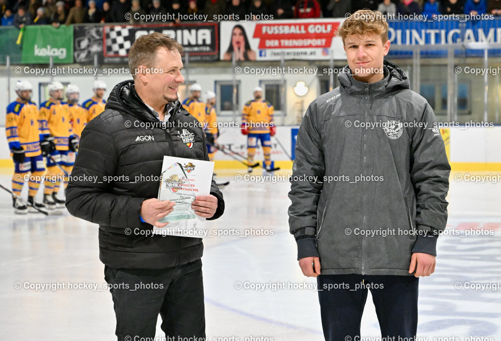  ESC Steindorf vs. EHC Althofen 2.3.2023 | Ehrung KEHV Superstar Wahl 2022/23, KEHV Präsident Michael Herzog Löschnig, Marco Steiner