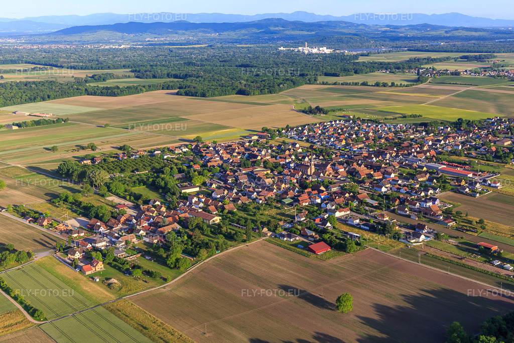 Vue aérienne: Vue du village depuis le nord à Artolsheim dans le département Bas Rhin, France. Photo: IMG_147367.jpg prise le 29/05/2025 par Werner Riehm/FLY-FOTO.eu – Résolution de l'original: 5472 x 3648 px