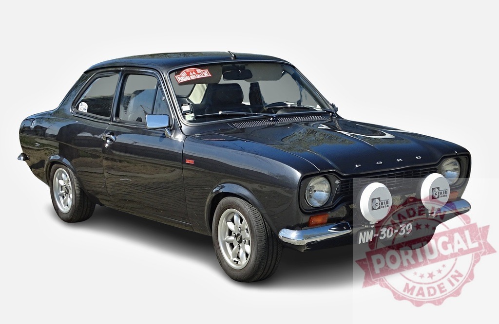 Restored Ford Escort Mk1 posing in a studio | Classic black Ford Escort Mk1 car, possibly customized for rallies, shining in an immaculate studio setting - Realisiert mit Pictrs.com