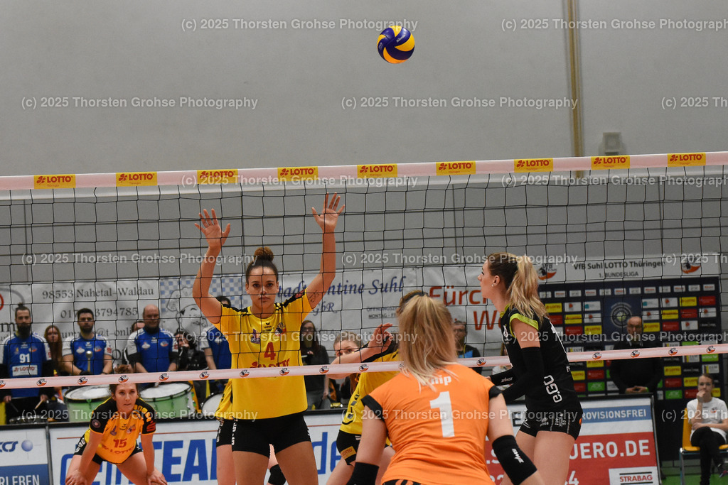 VBL VFB SUHL vs. LADIES IN BLACK AACHEN | Aachen in SCHWARZ gegen Suhl in GELB; VBL VFB SUHL vs. LADIES IN BLACK AACHEN, Volleyball-Bundesliga Frauen am 03.02.2018 in der Multihalle in Meiningen, (Deutschland) - Realisiert mit Pictrs.com