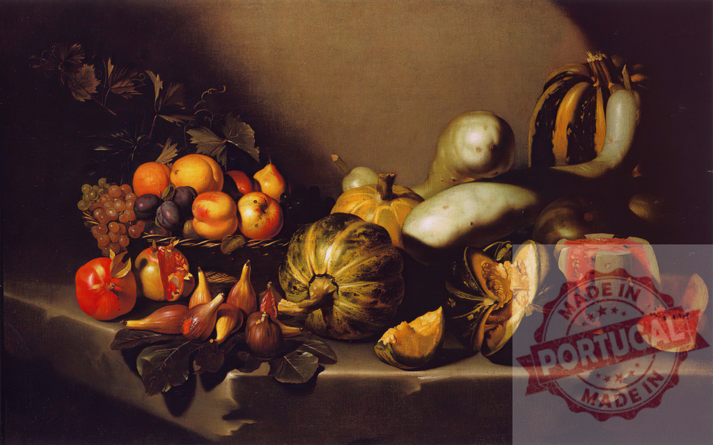 Art by Carravagio Still life painting showing a cornucopia of harvest fruits and gourds | Still life painting featuring a basket of fruit and various gourds with dramatic chiaroscuro lighting - Realisiert mit Pictrs.com