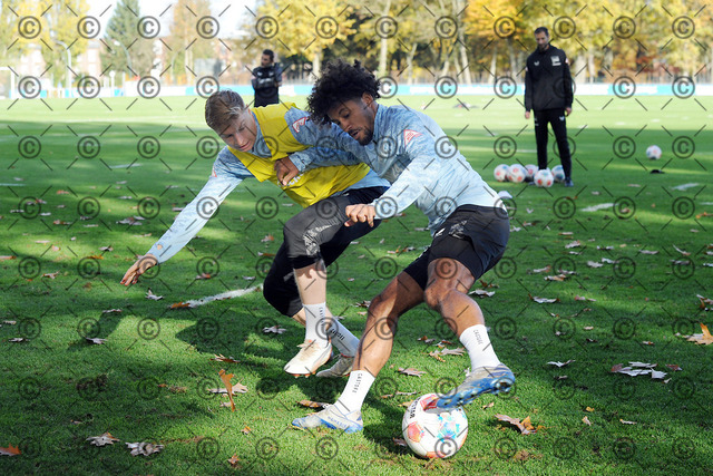 RGE_7908b | Hertha BSC, 2.Bundesliga, Herren, Saison 2025/26, Training, im Bild von li. Julian Eitschberger ( Hertha BSC ),  Jeremy Dudziak ( Hertha BSC ),  Fotograf:  Ralf Gebhardt,  - Realisiert mit Pictrs.com