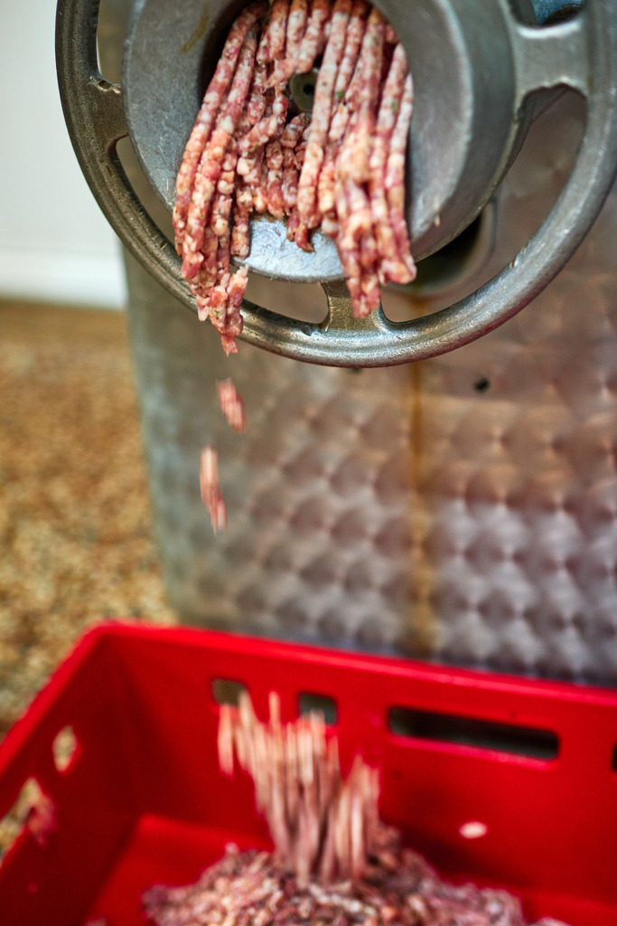 Fleischerei Dormayer | Langenzersdorf, Austria - February 12, 2019: Fleischerei Dormayer - Blutwurst Herstellung; das Fleisch kommt aus dem Kutter. - Realisiert mit Pictrs.com