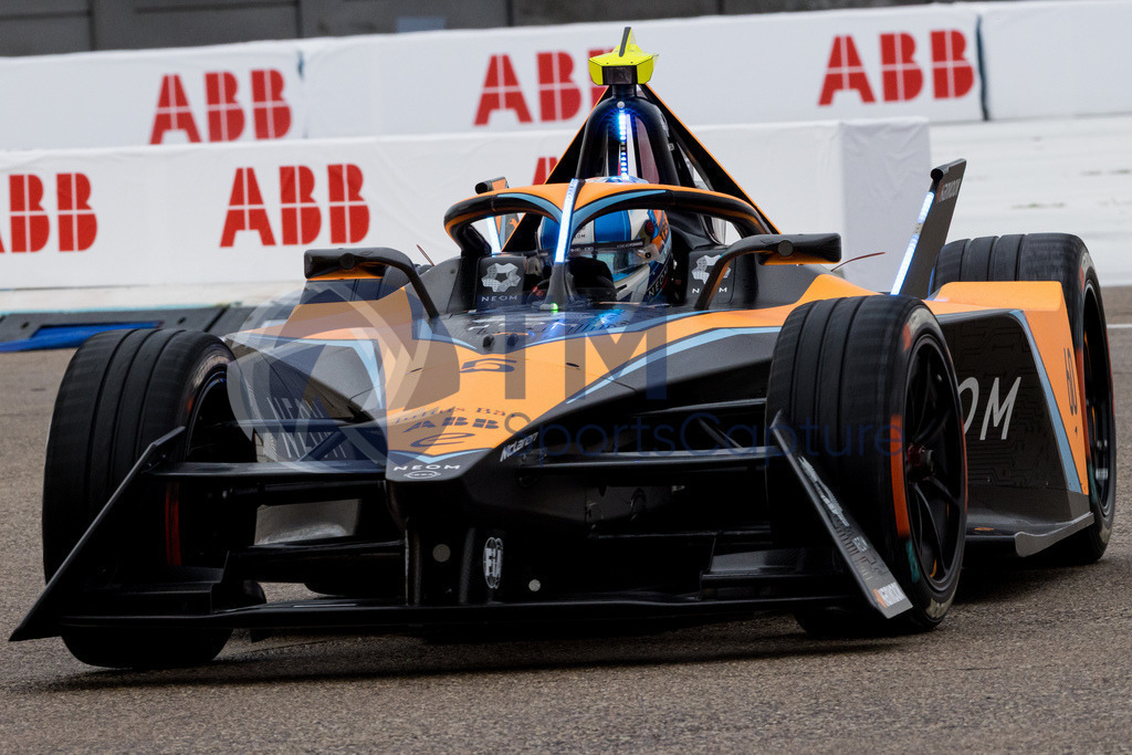 GEPA-20230423-101-147-0041 | BERLIN,GERMANY,23.APR.23 - MOTORSPORTS, FORMEL E - E-Prix of Berlin, Berliner Tempelhof Airport Circuit, free practice. Image shows Jake Hughes (GBR / McLaren). 
Photo: GEPA pictures/ Matthias Trinkl